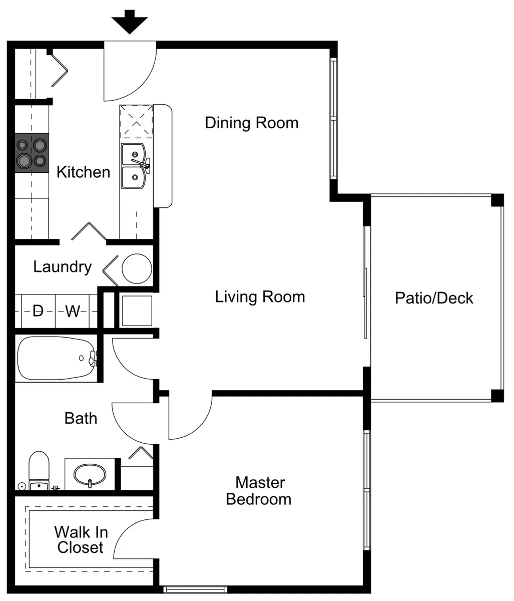 A black and white floor plan of a house layout featuring a kitchen, dining room, living room, master bedroom, bath, and laundry room, with a walk-in closet and a patio/deck.