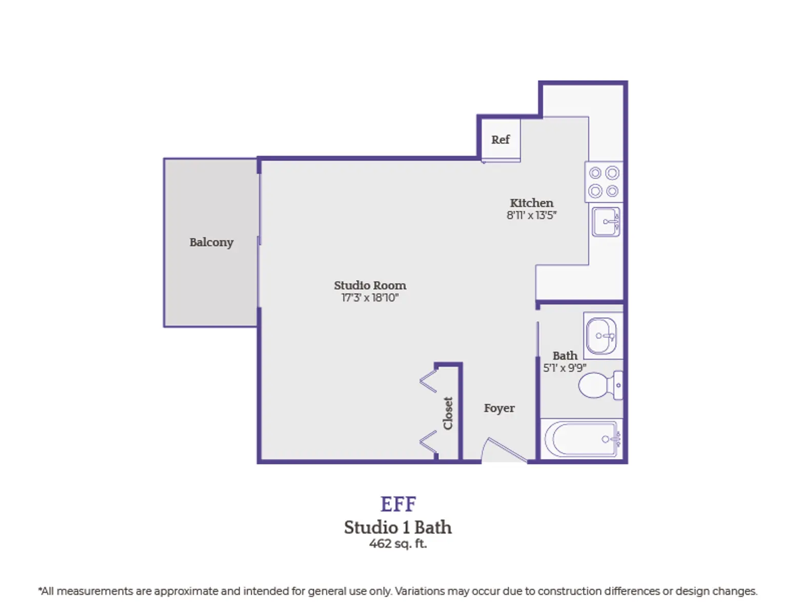 Floor plan of a studio apartment with one bathroom featuring a balcony, kitchen, and foyer area.