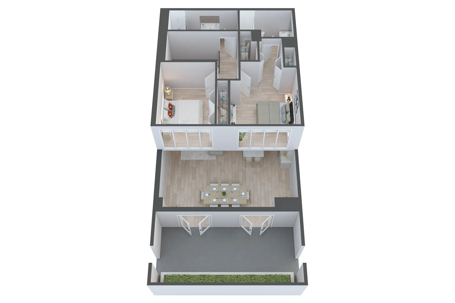 A 3D architectural floor plan of a modern house showing multiple rooms including a living area, dining area, and bedrooms.