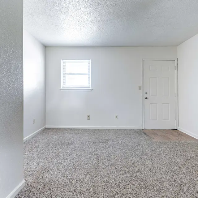 A spacious empty living room with light gray carpet, white walls, and a single window next to the door.