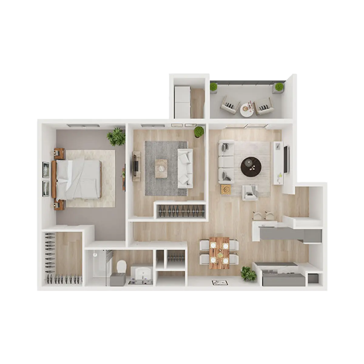 Toro Place Top-view of a detailed 3D floor plan with labeled rooms including furniture and decor.