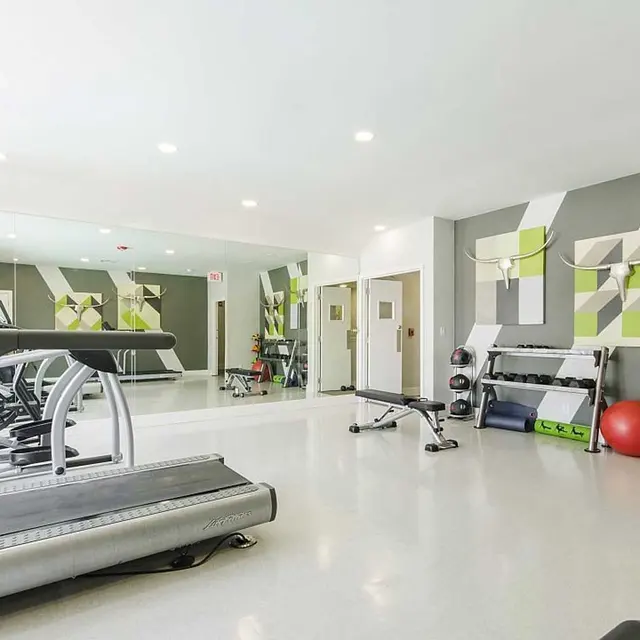 Fitness center with treadmill, weights, medicine ball, and elliptical at Edge Studios