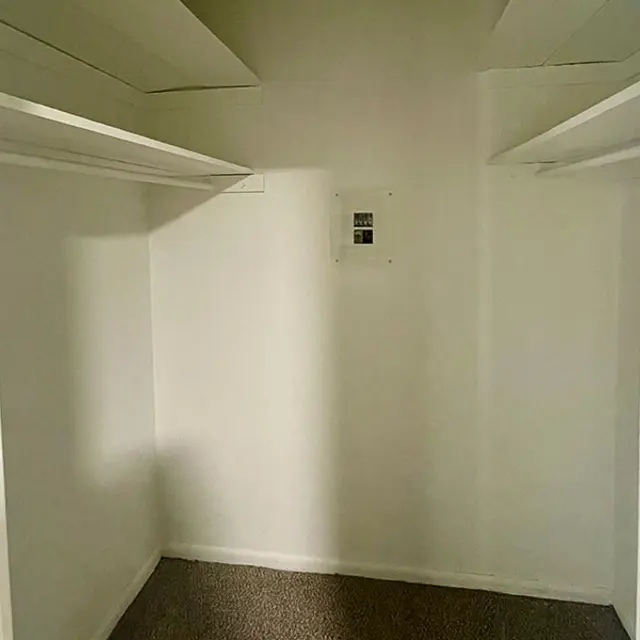 An empty closet with white walls and shelves on both sides. The floor is covered with carpet, and there is a wall-mounted electrical panel in the back.