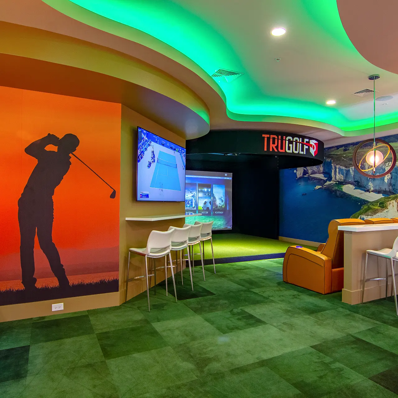 Sports Simulator Lounge - The Pointe North Hills Photo of the Sports Simulator Lounge featuring virtual golf, baseball, hockey, and more at The Pointe North Hills.