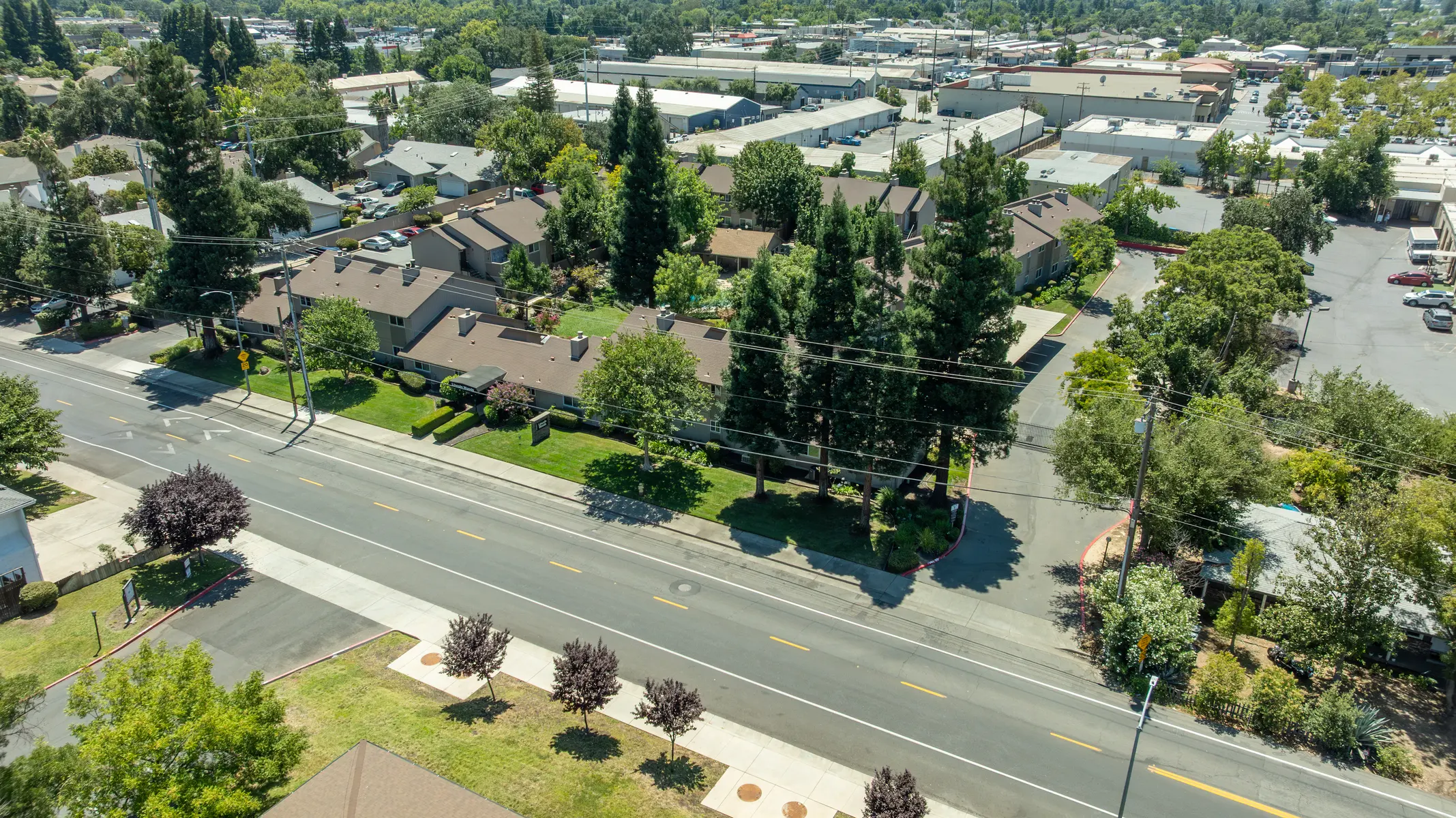 Aerial view of a residential neighborhood with single-story homes surrounded by trees, alongside a street with light traffic.