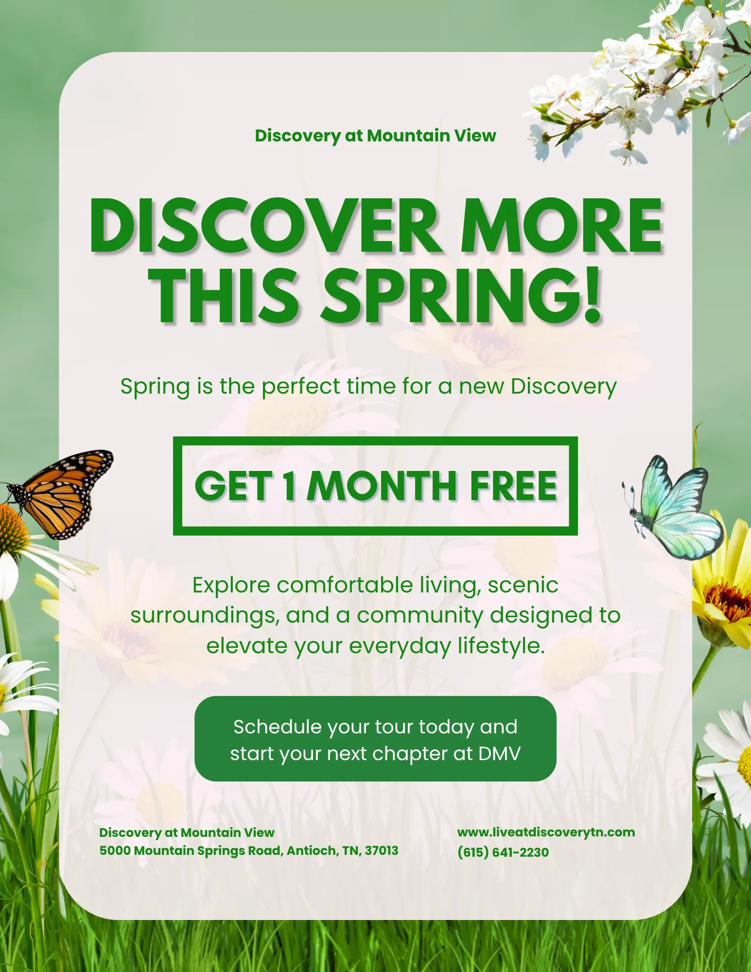 Promotional flyer for Discovery at Mountain View offering a spring special for new residents, featuring flowers and vibrant green background.