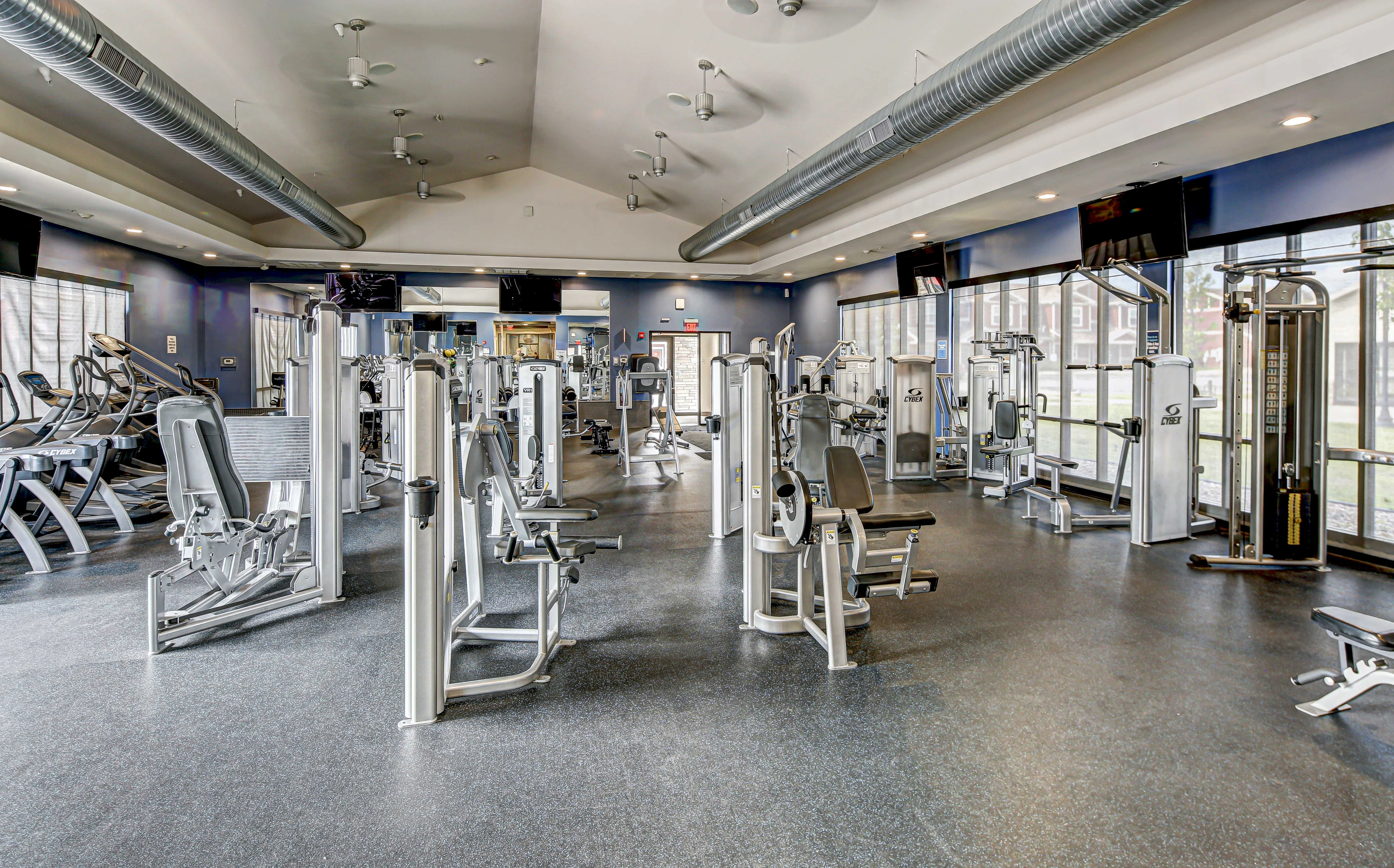 Modern Gym Interior A spacious gym interior featuring various weightlifting and exercise machines arranged in rows, with large windows allowing natural light to enter. The floor is covered in dark rubber and the walls are painted in blue and white.