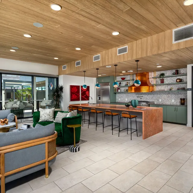A modern living space featuring a well-lit area with wooden ceiling panels, stylish furniture, and a kitchen bar. Large windows provide natural light, showcasing a combination of dark and light decor with greenery.