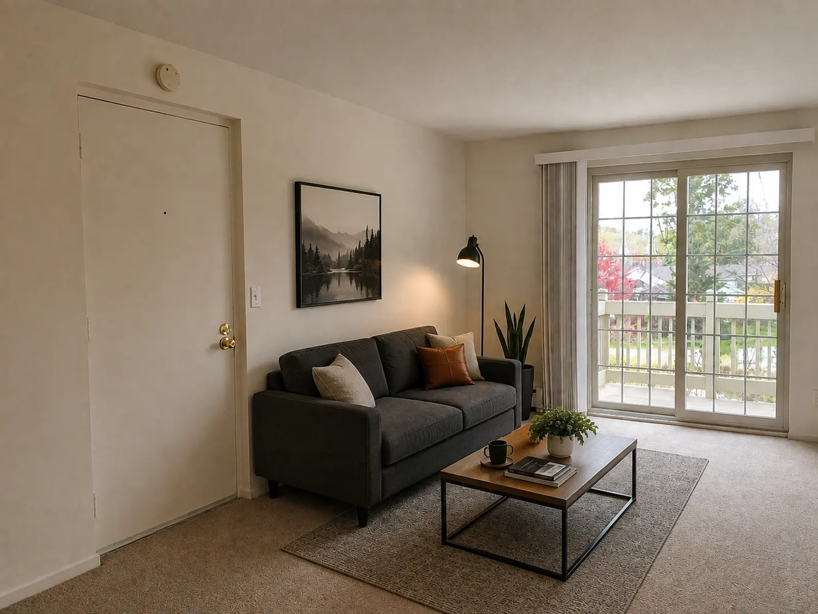 A cozy living room with a gray sofa, decorative pillows, and a coffee table. There are large windows letting in natural light, showcasing some greenery outside.