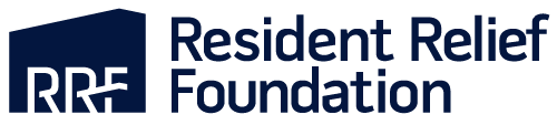 Logo of the Resident Relief Foundation featuring the letters RRF and a stylized building graphic.