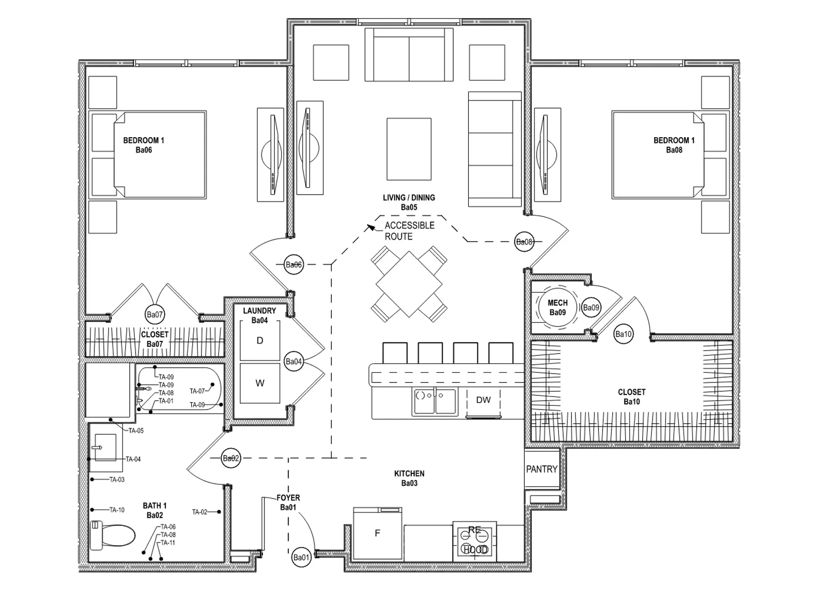 A detailed floor plan of a house layout showing multiple rooms including a living/dining area, kitchen, pantry, laundry room, and three bedrooms. Various labels indicate the function of each space, including bathrooms and closets.