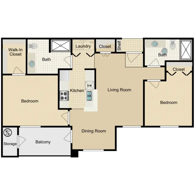 Two Bedroom Apartment Floor Plan A detailed floor plan of an apartment featuring two bedrooms, two bathrooms, a living room, kitchen, dining room, laundry area, balcony, and walk-in closet.