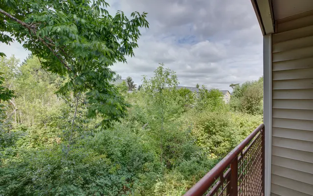 A view from a balcony overlooking a lush green landscape with trees and shrubs under a cloudy sky.