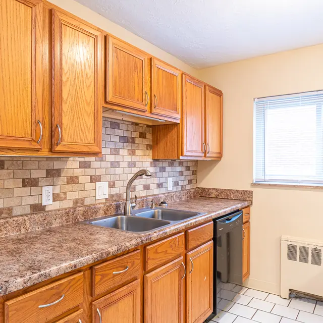 Modern Kitchen Interior A well-lit kitchen featuring wooden cabinets, a dark granite countertop, stainless steel appliances, and a window providing natural light.
