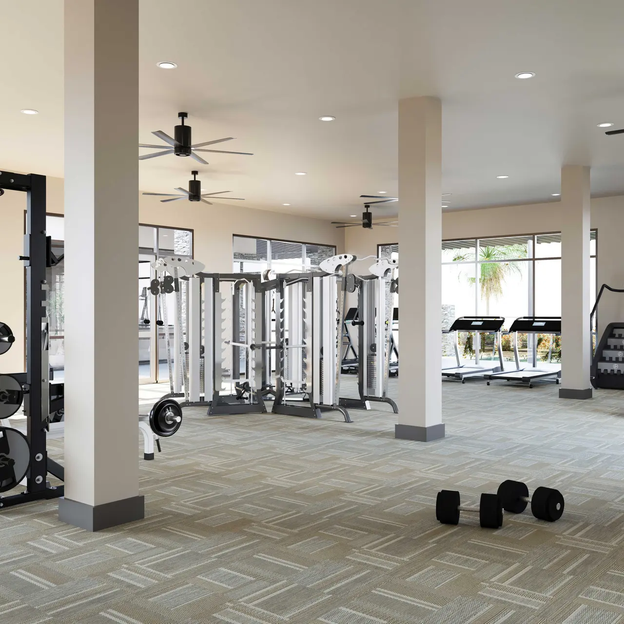 Interior view of a modern gym, featuring various workout machines and equipment.