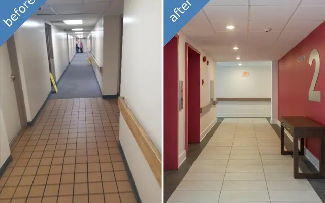 Before and after images of a hallway renovation, showing old tiled floor on the left and a modern floor with updated walls on the right.