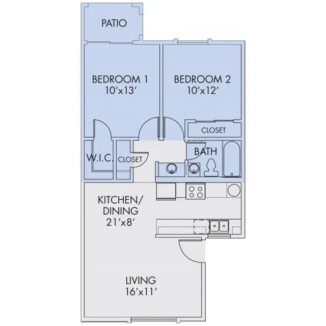 Apartment Floor Plan A blueprint layout of an apartment featuring two bedrooms, a kitchen/dining area, living room, and a patio.
