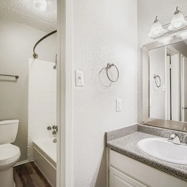 Modern Bathroom Design A modern bathroom featuring a toilet, bathtub with shower, sink with mirror, and light fixtures.
