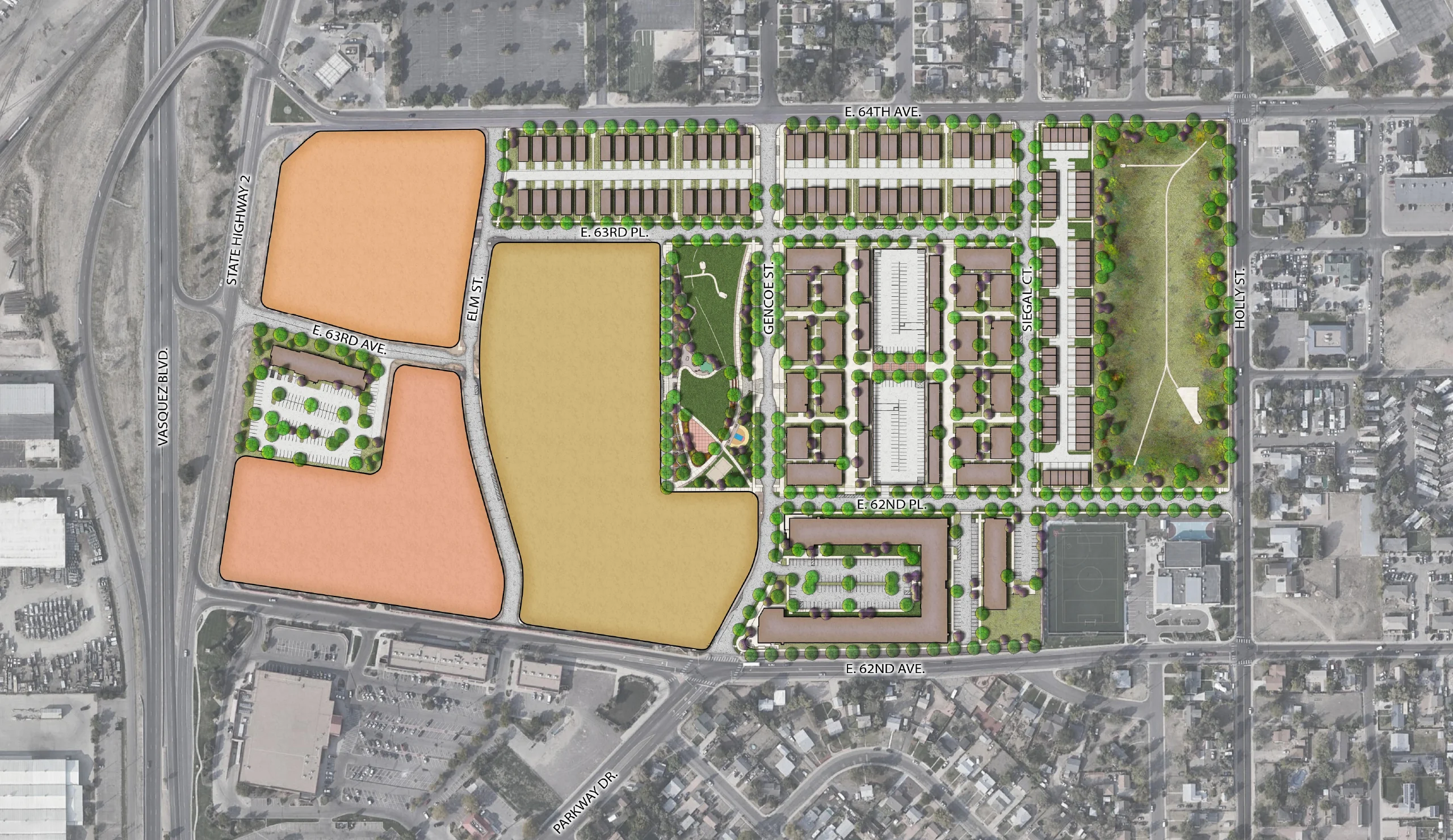 Urban Development Plan Overview Aerial view of an urban development plan, featuring distinct colored sections for residential, commercial, and green spaces, organized infrastructure, and landscaped areas with trees.