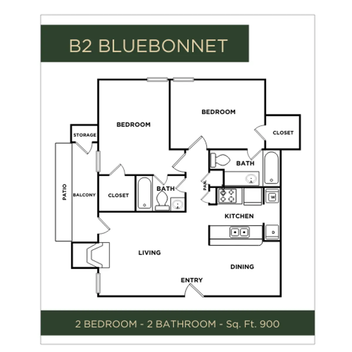 Floor plan layout of an apartment labeled B2 Bluebonnet, featuring 2 bedrooms, 2 bathrooms, a kitchen, living area, and dining space, along with storage, a balcony, and patio options.