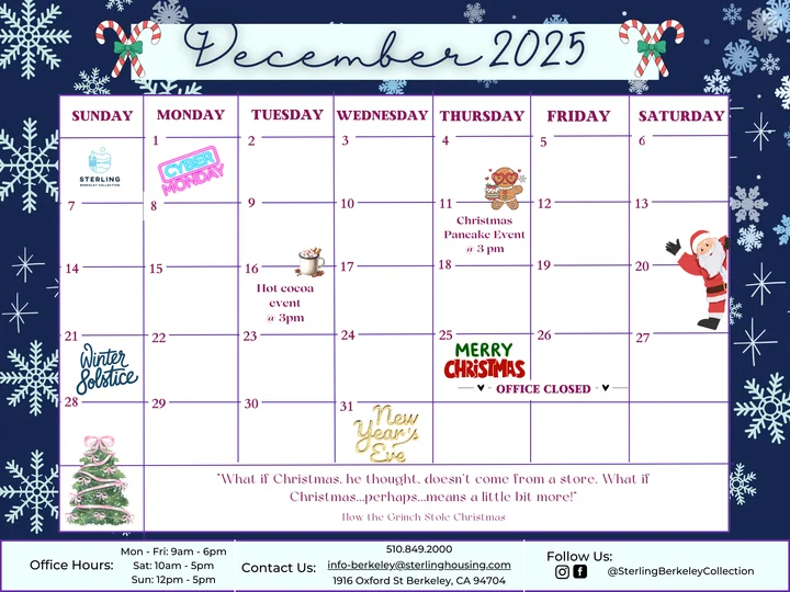 A December 2025 calendar featuring various events including a Christmas Pancake Event and an office closure for Christmas. The design includes festive decorations like snowflakes and candy canes. There are reminders for office hours and contact information.
