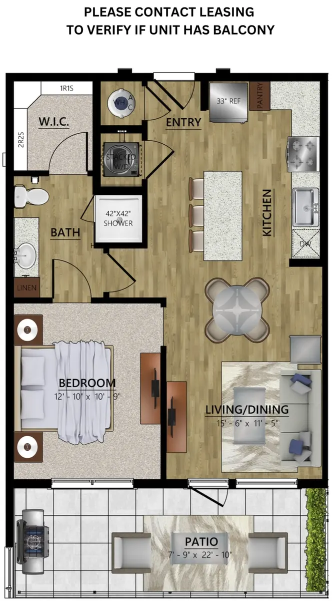 A floor plan for a one-bedroom apartment featuring a bedroom, bathroom, living/dining area, kitchen, and patio. The dimensions of each room are indicated, along with a note regarding the possibility of a balcony.