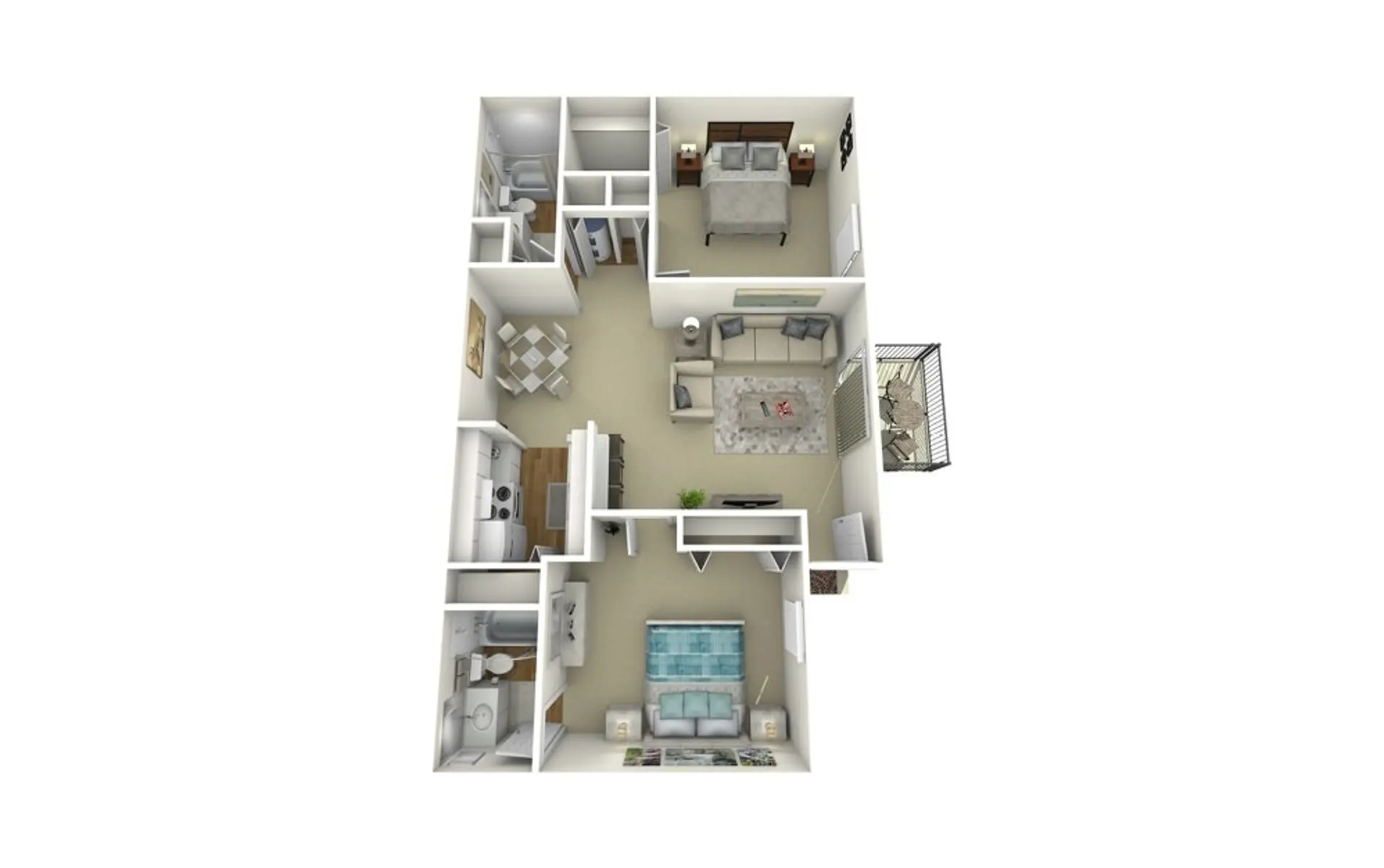 An overhead view of a floor plan featuring two bedrooms, a living area, a kitchen, and a bathroom layout.
