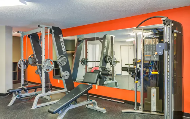 an interior photo of the fitness center with weightlifting machine, a training bench, and other exercise equipment fronting a mirror - Fitness, Working Out, Person