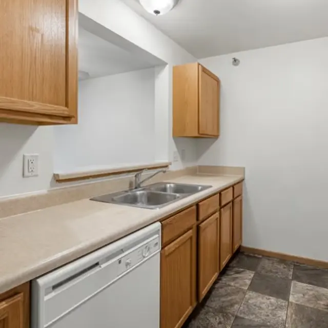 Eagle Ridge A kitchen with wooden cabinets, a double sink, a dishwasher, and tiled flooring.