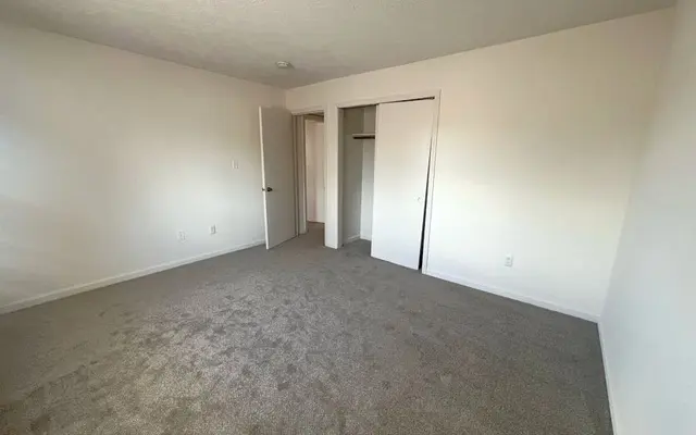 Empty Bedroom Space An empty bedroom with light gray carpet and white walls. It features two closed doors leading to closets, with a spacious area in the center and a window allowing natural light.