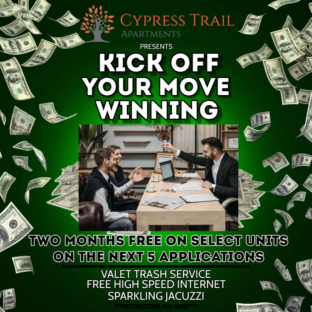 Promotional image for Cypress Trail Apartments featuring two men discussing at a table with dollar bills floating in the background, advertising a special offer.