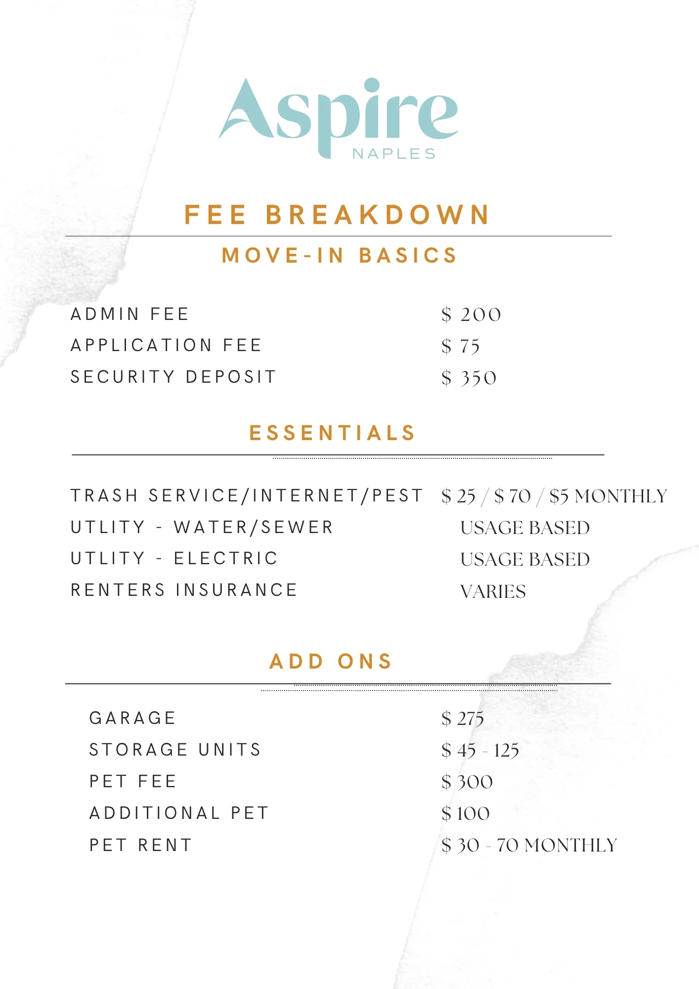 A fee breakdown document for rental at Aspire Naples, showing various charges including application and security fees, utility costs, and add-on options.