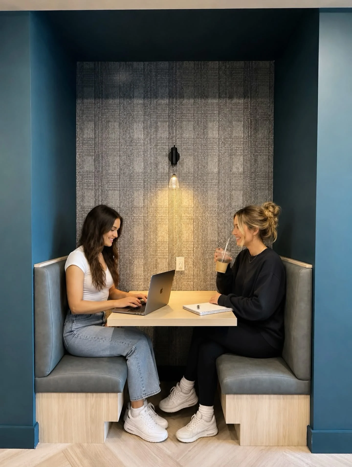 Two women sitting at a small table in a cozy, well-lit study area, working on laptops and taking notes. The decor features blue walls and a gray patterned backdrop.
