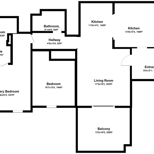Architectural floor plan of an apartment layout including bedrooms, bathrooms, kitchen, living room, and balcony.