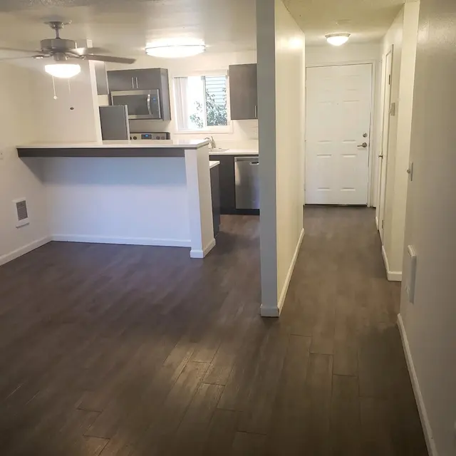 A modern apartment interior featuring an open layout with a living area and a kitchen. The kitchen is equipped with stainless steel appliances and has a bar-style countertop. The space has wood-like flooring and a doorway leading to a corridor with a front door.