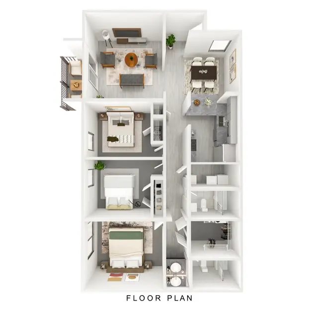Modern Home Floor Plan A top-down view of a modern floor plan layout featuring two bedrooms, a living room, dining area, kitchen, and bathroom spaces.