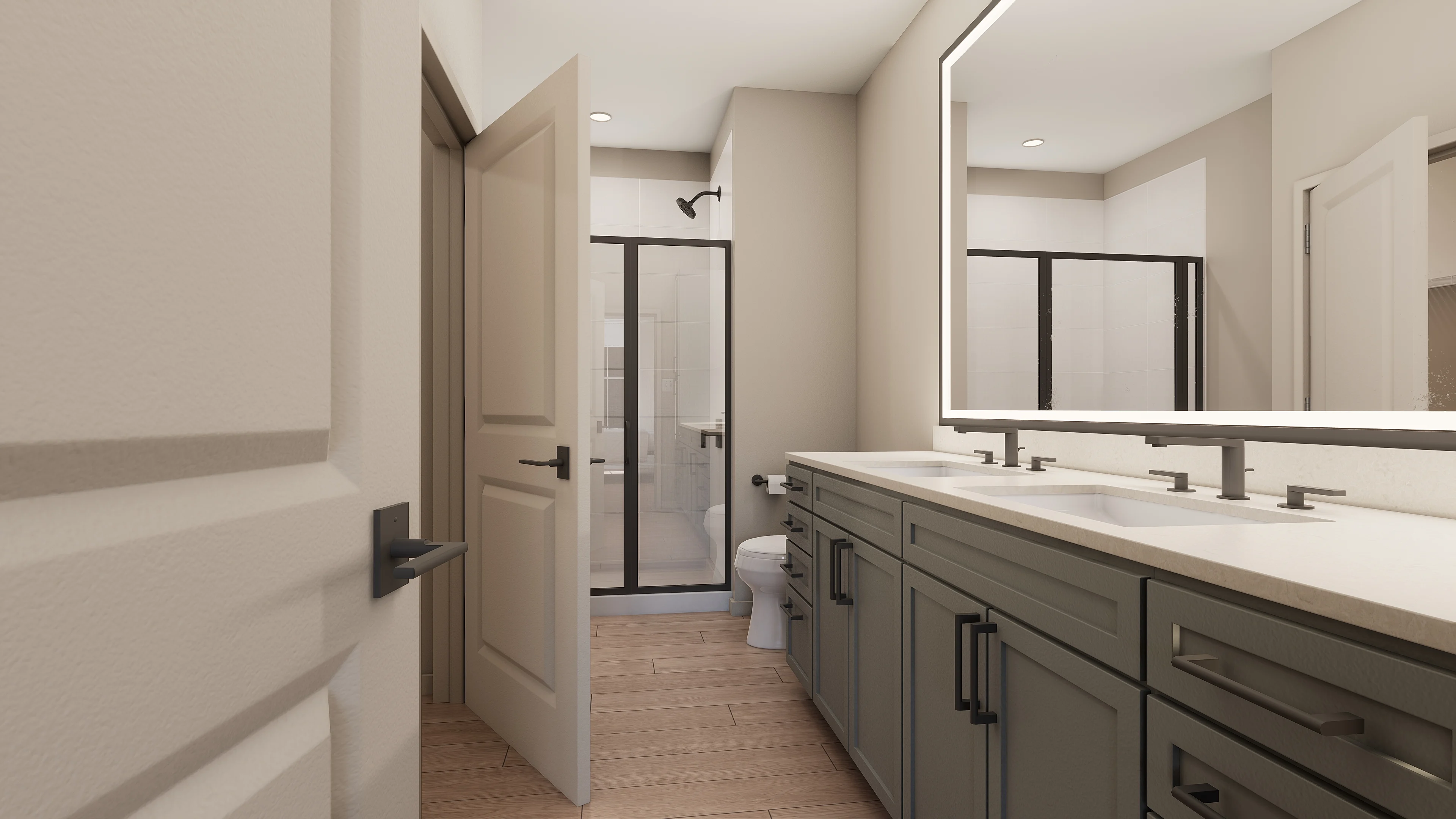 Contemporary Bathroom Design A modern bathroom interior featuring a double sink vanity with dark cabinetry and a large mirror, a glass shower enclosure, and a toilet. The floor is made of wood, enhancing the contemporary aesthetic.