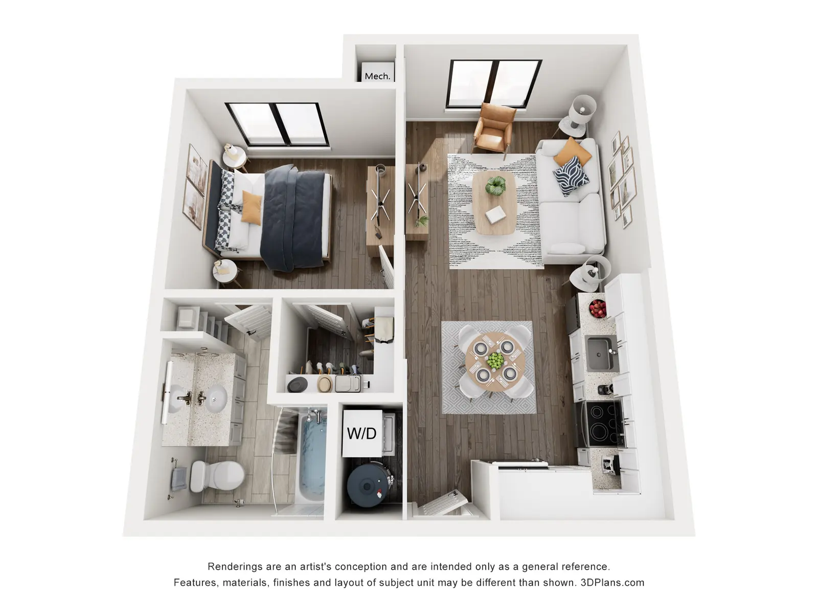 An overhead view of a one-bedroom apartment layout, featuring a bedroom, bathroom, living room, and kitchenette.