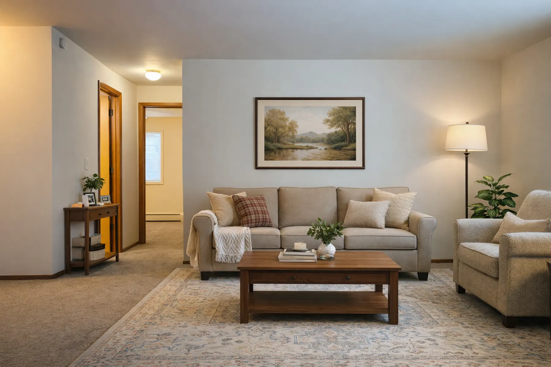 A cozy living room featuring a light-colored sofa with throw pillows, a wooden coffee table with a plant, and an armchair. The room has a painting on the wall, a lamp, and a small wooden side table, with a doorway leading to another room.