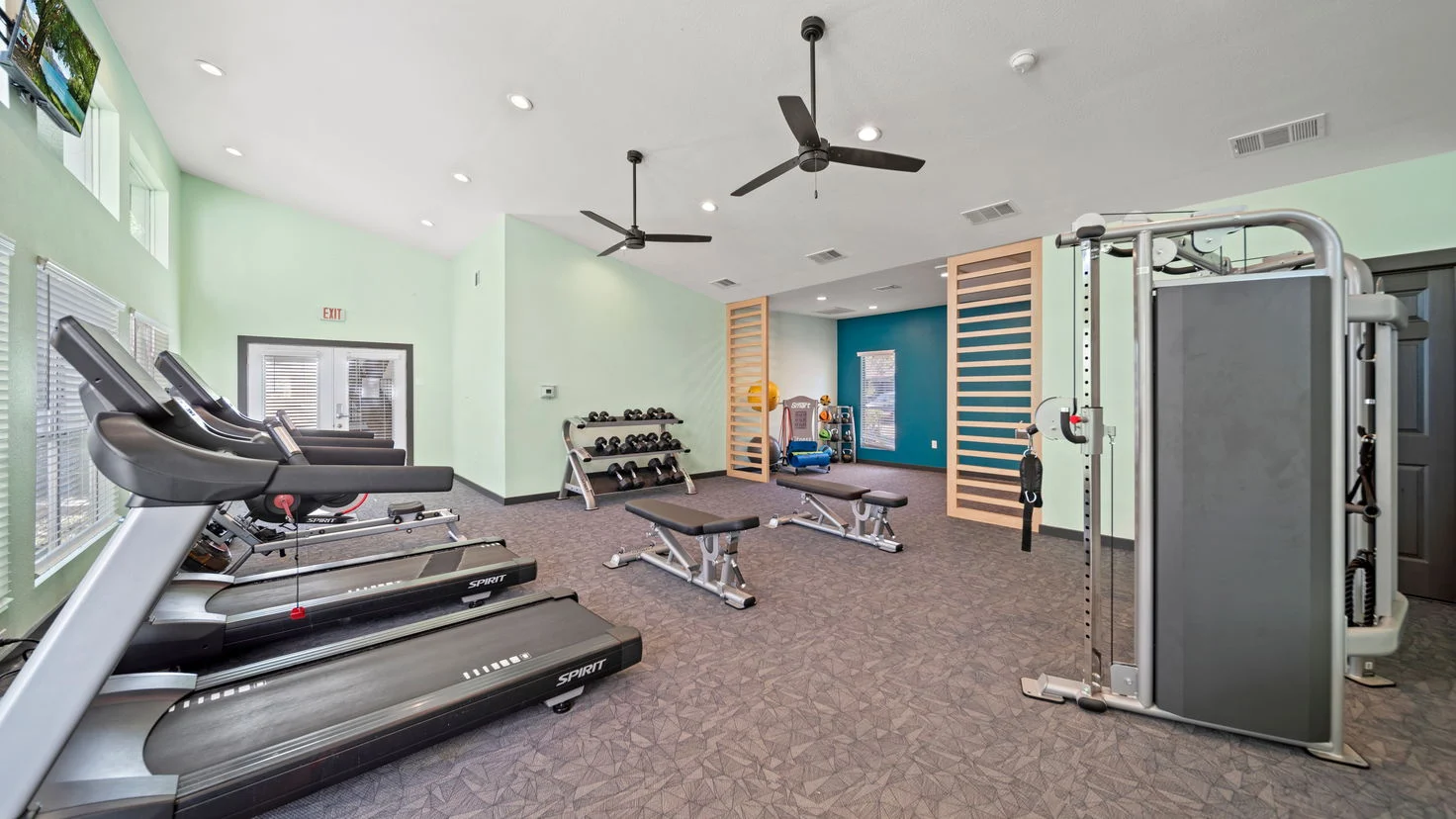 Modern Gym Interior A bright and spacious gym area featuring treadmills, weights, and a multi-gym in a well-lit interior with fans and modern decor.