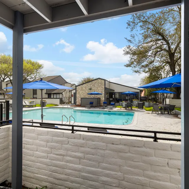 Beautiful Poolside Area View of a swimming pool surrounded by lounge chairs and umbrellas.