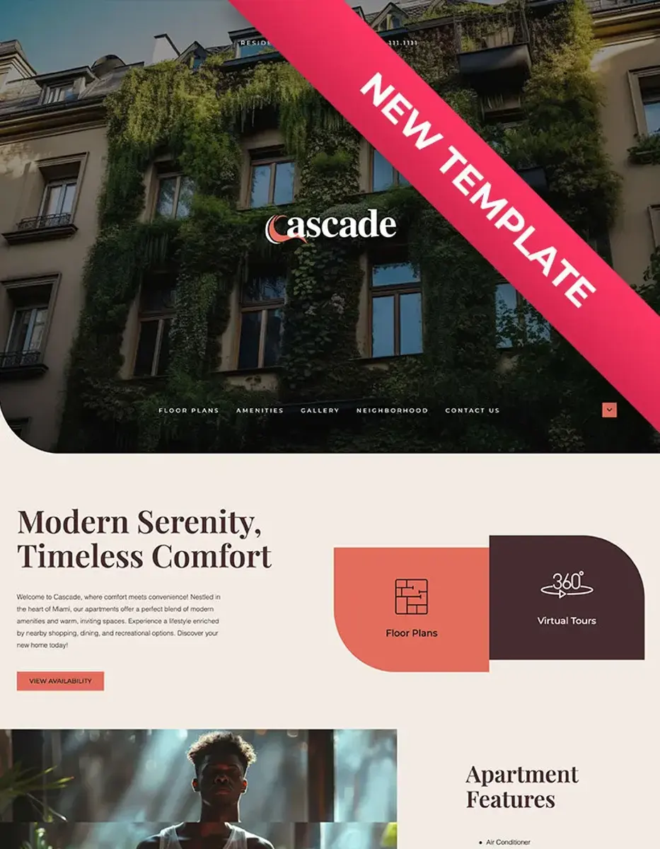A webpage design featuring a building covered in greenery, with sections for 'Floor Plans', 'Amenities', 'Gallery', 'Neighborhood', and 'Contact Us'. The header includes the text 'NEW TEMPLATE'.