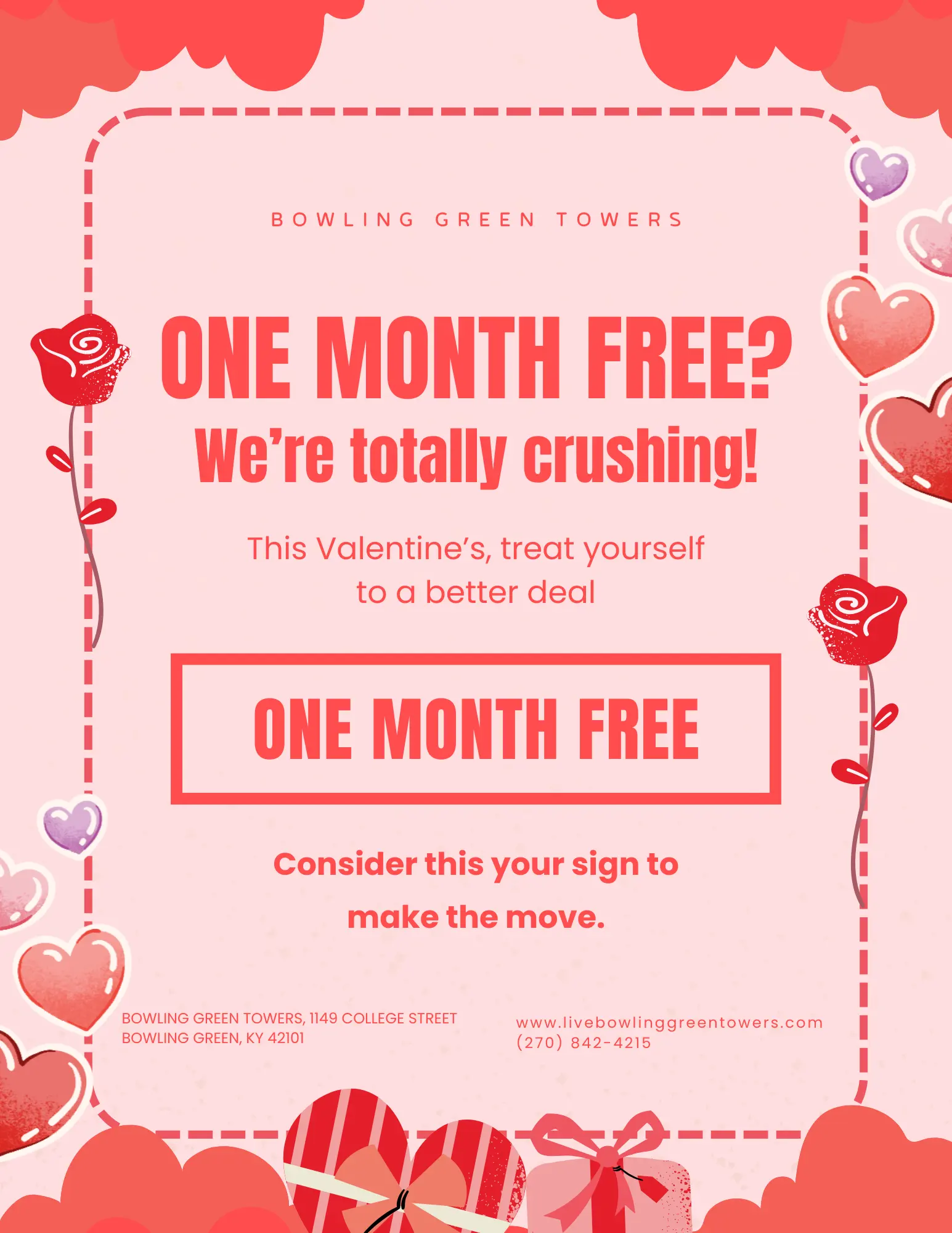 Promotional flyer for Bowling Green Towers offering one month free rent. The design features hearts and Valentine-themed graphics with bold text.