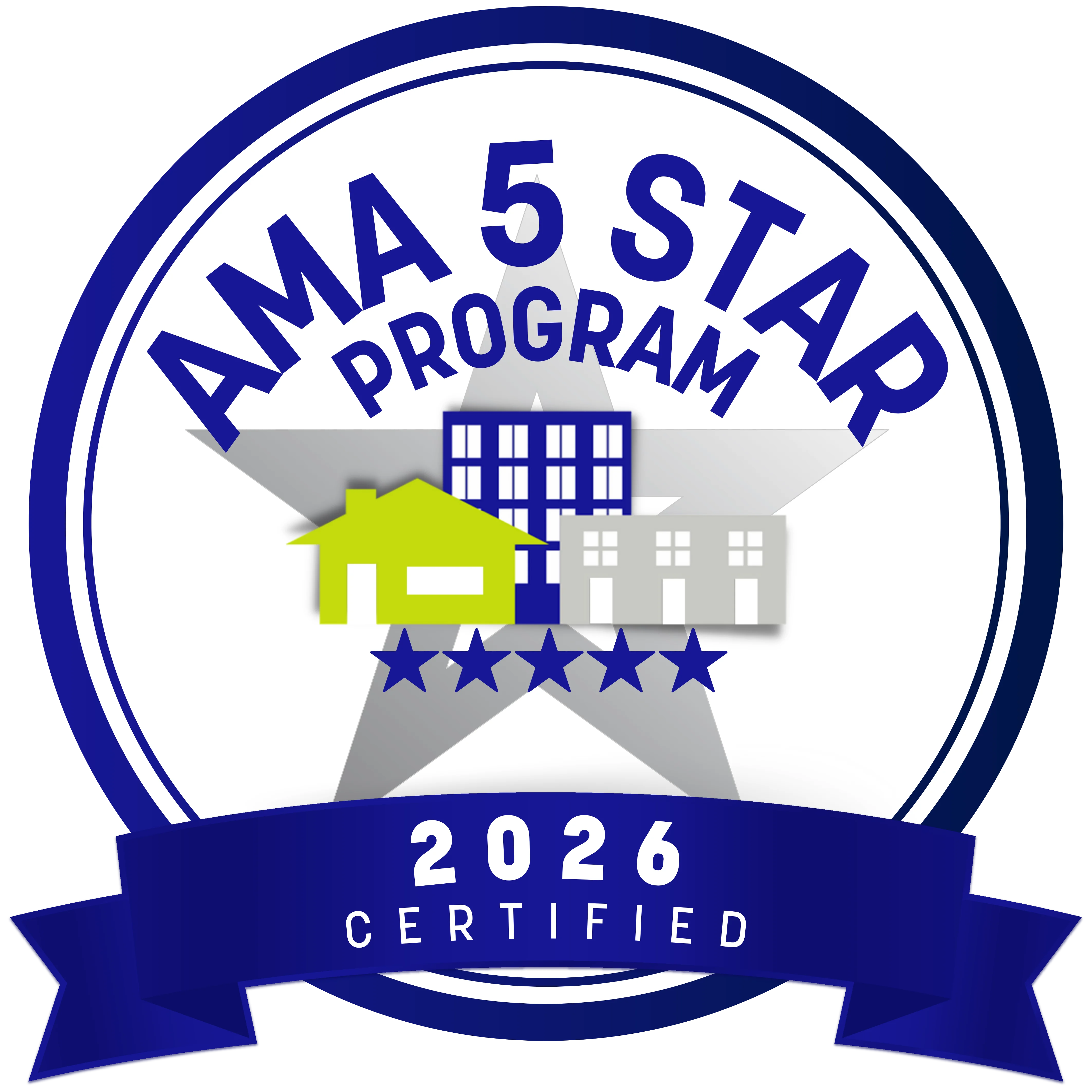 Logo of the AMA 5 Star Program Certified for 2026, featuring images of buildings and a star.