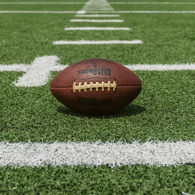 NRG Stadium A close-up of a football resting on a green artificial turf with white yard line markings.