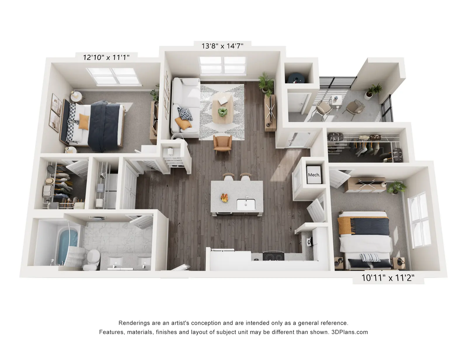 An illustrated floor plan of a modern apartment layout featuring two bedrooms, a living room, and a kitchen area.