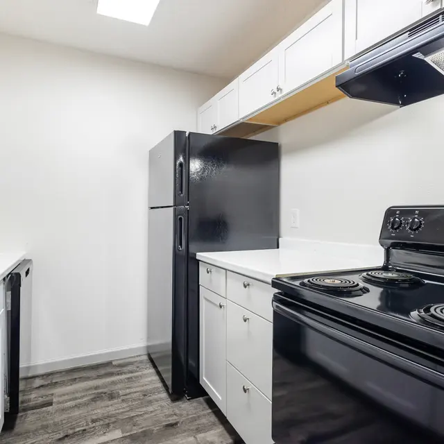 A modern kitchen featuring a black refrigerator and stove, white cabinets, and a sink with a dark countertop.