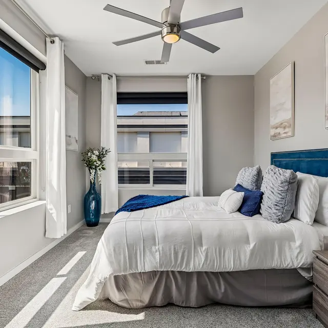 A bright modern bedroom featuring a double bed with white bedding and decorative pillows, a blue accent blanket, and a bedside table with a small lamp. Large windows provide natural light, and there are light gray walls and carpet, topped with two framed artworks.