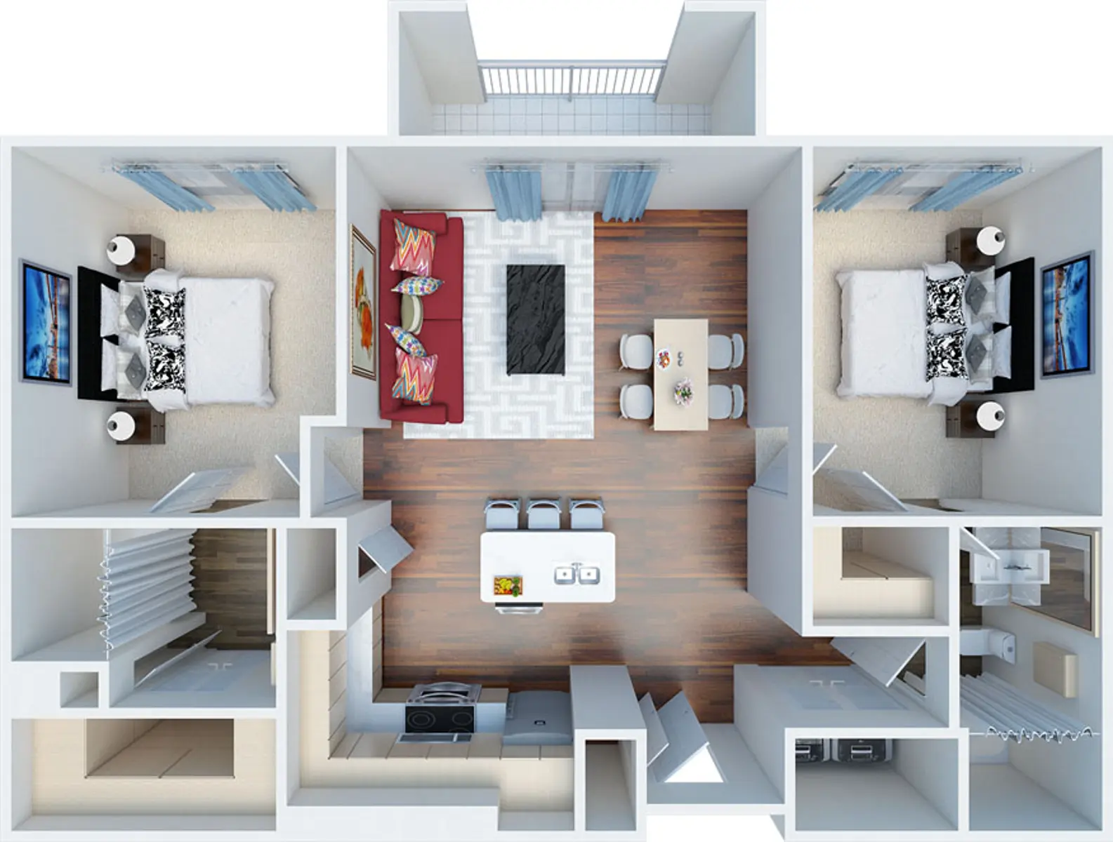 Floor Plan Top-down view of a modern apartment layout featuring two bedrooms, a living area, dining space, and an open kitchen.