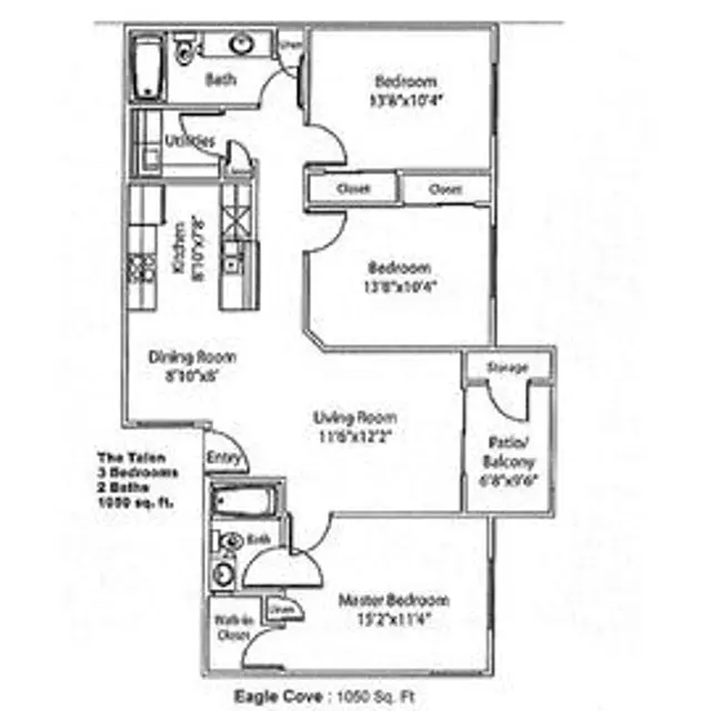 Floor Plan of The Talon Apartment A floor plan of a three-bedroom apartment labeled 'The Talon' with various rooms including a living room, dining room, and bathrooms, showing sizes in feet.